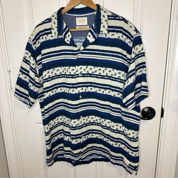 Scotch & Soda Navy Blue Creme Patchwork Printed Camp Button Down Shirt XL Indie - Picture 2 of 12